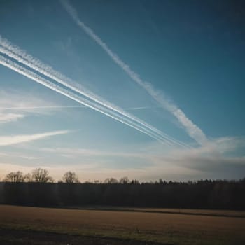 Chemtrail conspiracy theory. Long-lasting condensation trails left in sky by high-flying aircraft are actually chemtrails consisting of chemical or biological agents, sprayed for nefarious purposes