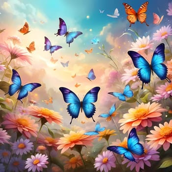 Colorful butterflies dance gracefully among a variety of blooming flowers, illuminated by the warm light of sunrise, creating a peaceful garden atmosphere. Generative AI.