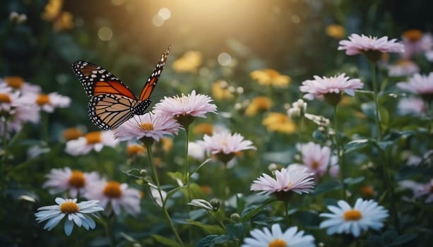 A group of striking butterflies dances gracefully around blooming flowers in a colorful garden. The bright blossoms create a lively atmosphere under the warm sunlight. Generative AI.