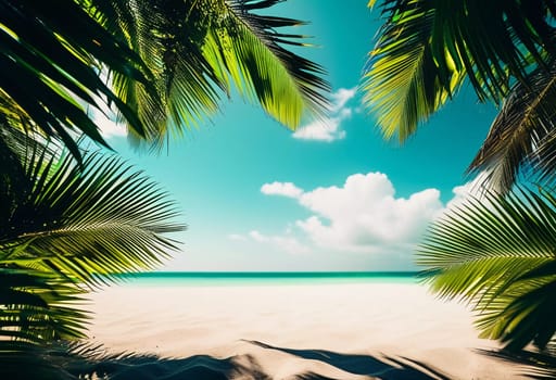 Framed by lush palm fronds, a tranquil beach reveals soft white sand leading to clear blue waters, illuminated by a sunny sky adorned with fluffy clouds. Generative AI.