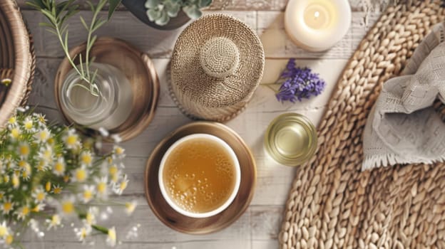 Top down view of organic skincare and relaxation