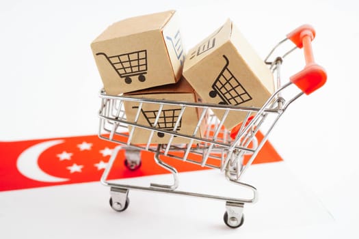 Online shopping, Shopping cart box on Singapore flag, import export, finance commerce.