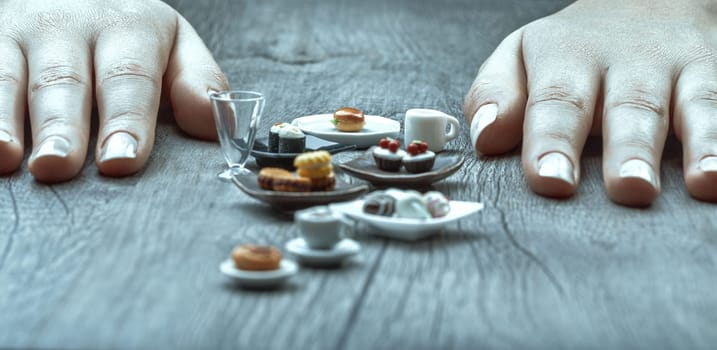Small servings, including sushi and cappuccinos, capture the essence of nutritional balance. These miniature treats look delightful but highlight the struggle with portion control
