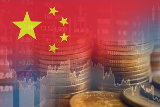 China flag with stock market finance, economy trend graph digital technology.