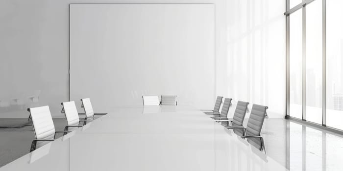 A large white board with a few chairs around it. The chairs are arranged in a semi circle around the board