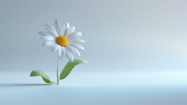 A white flower with a yellow center is the main focus of the image. The flower is surrounded by a green leaf, which adds a touch of color and contrast to the scene