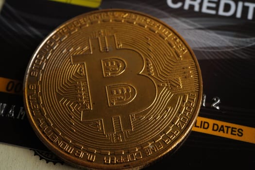 Golden bitcoin on US dollar banknotes money for business and commercial, Digital currency, Virtual cryptocurrency, blockchain technology.