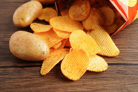 Potato chips , delicious BBQ seasoning spicy for crips, thin slice deep fried snack fast food.