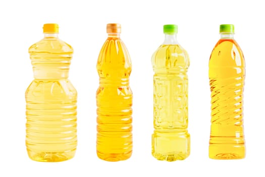 Vegetable oil and water plastic bottle isolated on white background, organic healthy food for cooking.