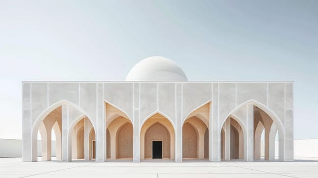 Contemporary Islamic architecture with clean lines and minimalist design, photographed against a white background.