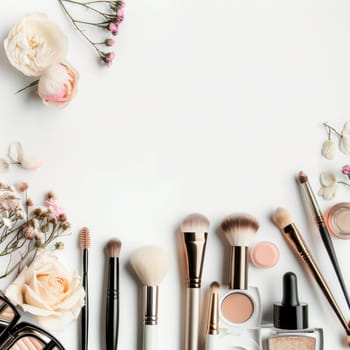 Copy space with makeup essentials neatly arranged for beauty concept.