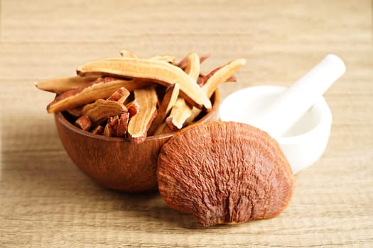Lingzhi or Reishi mushroom with capsules, organic natural healthy food.