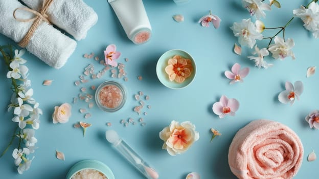 A blue background with a lot of flowers and a bunch of toiletries. The toiletries include a bottle of lotion, a bottle of shampoo, and a bottle of conditioner