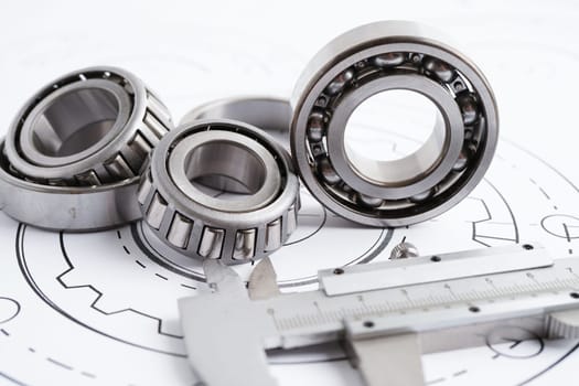Engineering and precision tools with metal ball bering, mechanical industrial.
