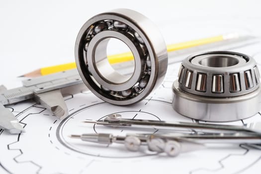 Engineering and precision tools with metal ball bering, mechanical industrial.