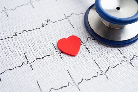 Stethoscope on electrocardiogram (ECG), heart wave, heart attack, cardiogram report.