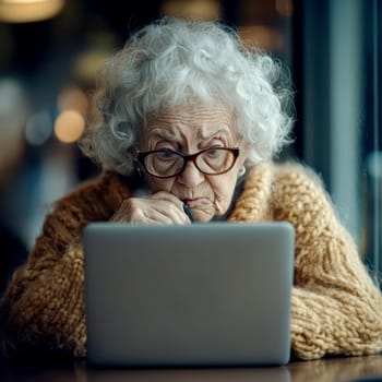 An elderly woman using a laptop computer AI generative.