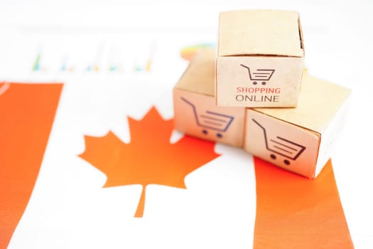 Online shopping, Shopping cart box on Canada flag, import export, finance commerce.