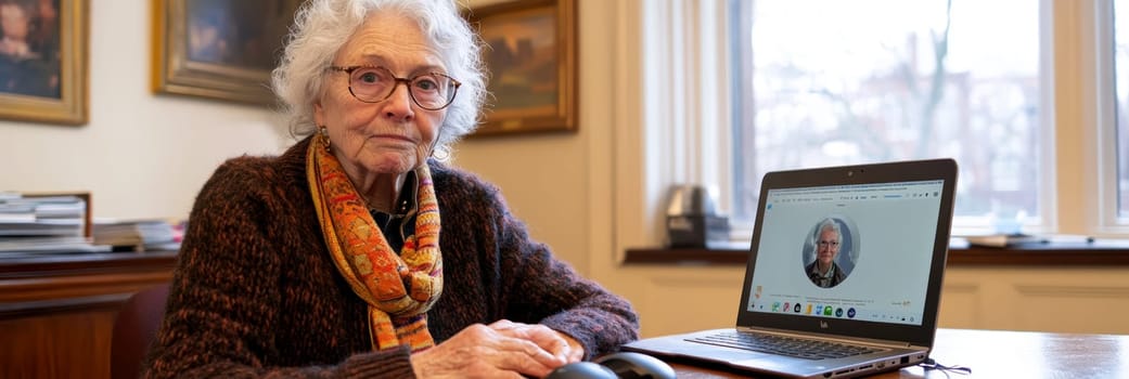 An elderly woman using a laptop computer AI generative.