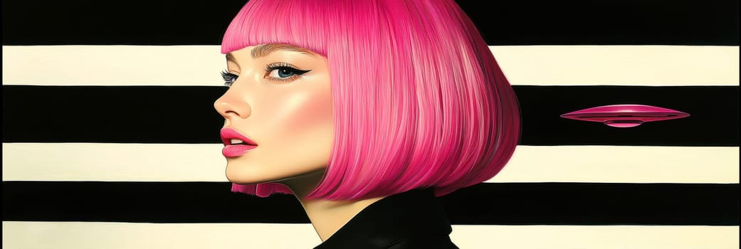 Paint oil colors eye-catching hyper-detailed realism fantastic retro-futuristic portrait of straight short cut and bangs magenta hair slight sulky young albino woman 70's glamorous clothing on background dressed, portrait of famous people Dakota Fanning, the woman is standing in the middle of a striped black and electric cobalt grass field michael sewa edward hopper style, fuchsia moon, ufo disk flying in the starry black night sky, Bo Bartlett, Tom Bagshaw --chaos 30 --ar 3:1 --style raw --stylize 300 --v 6.1 Job ID: d5c376f8-1390-45f0-87e5-041fd5d23d04