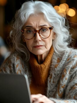An elderly woman using a laptop computer AI generative.