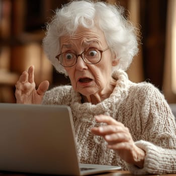 An elderly woman using a laptop computer AI generative.