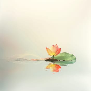 Lotus leaf, water reflection, perspective aesthetics, soft gradient colors, red and yellow, minimalist image from ancient China. AI generative.