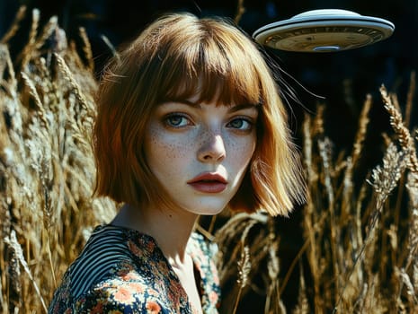 Paint oil colors eye-catching hyper-detailed realism fantastic retro-futuristic portrait of straight short cut and bangs magenta hair slight sulky young albino woman 70's glamorous clothing on background dressed, portrait of famous people Dakota Fanning, the woman is standing in the middle of a striped black and electric cobalt grass field michael sewa edward hopper style, fuchsia moon, ufo disk flying in the starry black night sky, Bo Bartlett, Tom Bagshaw --chaos 30 --ar 4:3 --style raw --stylize 300 --v 6.1 Job ID: 495d0440-a865-4ebe-b619-d3c7b6ea0c24