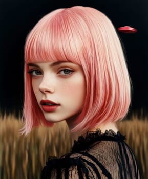 Paint oil colors eye-catching hyper-detailed realism fantastic retro-futuristic portrait of straight short cut and bangs magenta hair slight sulky young albino woman 70's glamorous clothing on background dressed, portrait of famous people Dakota Fanning, the woman is standing in the middle of a striped black and electric cobalt grass field michael sewa edward hopper style, fuchsia moon, ufo disk flying in the starry black night sky, Bo Bartlett, Tom Bagshaw --chaos 30 --ar 5:6 --style raw --stylize 300 --v 6.1 Job ID: a9993c66-a860-4c1f-8c99-61ed3e53cf2d