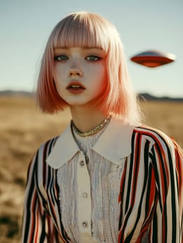 Paint oil colors eye-catching hyper-detailed realism fantastic retro-futuristic portrait of straight short cut and bangs magenta hair slight sulky young albino woman 70's glamorous clothing on background dressed, portrait of famous people Dakota Fanning, the woman is standing in the middle of a striped black and electric cobalt grass field michael sewa edward hopper style, fuchsia moon, ufo disk flying in the starry black night sky, Bo Bartlett, Tom Bagshaw --chaos 30 --ar 3:4 --style raw --stylize 300 --v 6.1 Job ID: 4b891f70-be1e-4c23-82f8-8e30da723811