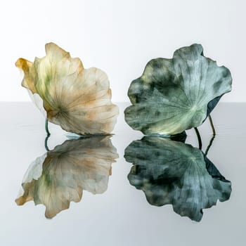 Lotus leaf, water reflection, perspective aesthetics, soft gradient colors, red and yellow, minimalist image from ancient China. AI generative.
