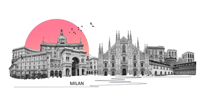 Photo collage from Milan, Italy. Collage includes major landmarks like the castle, cathedral. Art design