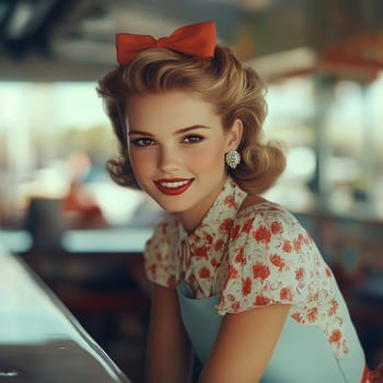 A beautiful woman sits at the counter of an American restaurant. Stylized from1940s - 1950s. AI generative.