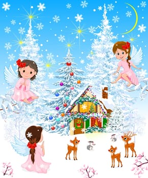 Cartoon angels and deer. A house decorated for Christmas in a snowy winter forest. Night, snowflakes, and stars are shining.