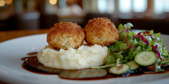 fried meatballs served with creamy mashed potatoes and a fresh green salad. AI generative.