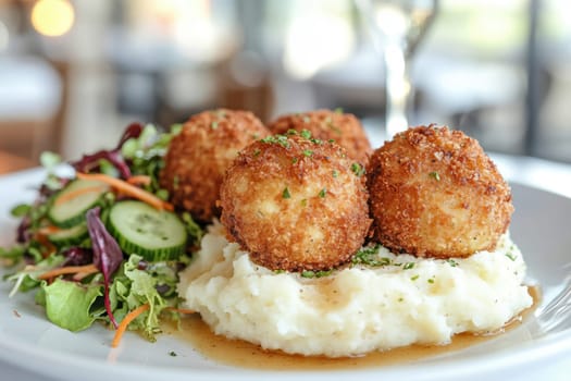 fried meatballs served with creamy mashed potatoes and a fresh green salad. AI generative.