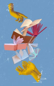 Human hand and open books over abstract background. Contemporary art collage. Concept of education, reading, knowledge. Design