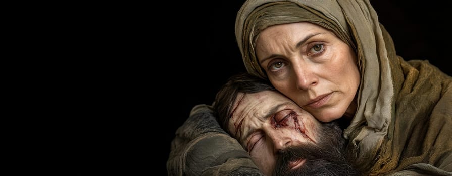 Mother of God with the dying Jesus in her arms. AI generative.