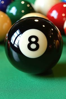 A black snooker ball with eight is placed on the green table, surrounded by other balls of different colors. The black billiard ball has no shadow and stands out against the background of bright green color, creating an atmosphere of excitement for playing. --chaos 30 --ar 2:3 --style raw --stylize 300 --v 6.1 Job ID: 1e358b82-ea97-45c7-9a9e-676d03f93ed9