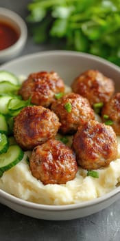 fried meatballs served with creamy mashed potatoes and a fresh green salad. AI generative.