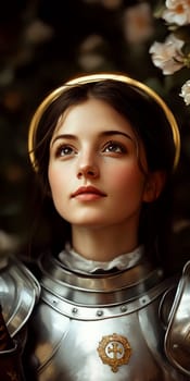 Joan of Arc, set against a dark background adorned with subtle flowers.  AI generative.