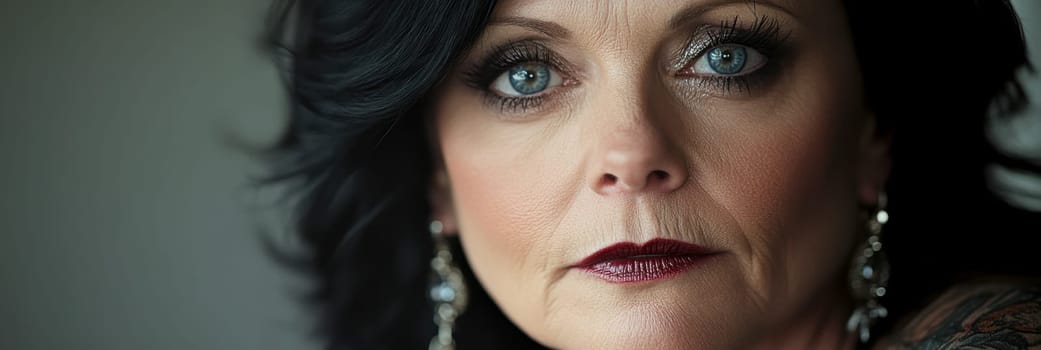 Close-up portrait of a middle-aged woman with black hair, blue eyes and dark red lipstick earrings and necklace. She has tattoos on her arms. AI generative.