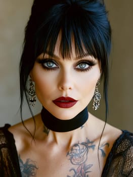 Close-up portrait of a middle-aged woman with black hair, blue eyes and dark red lipstick earrings and necklace. She has tattoos on her arms. AI generative.