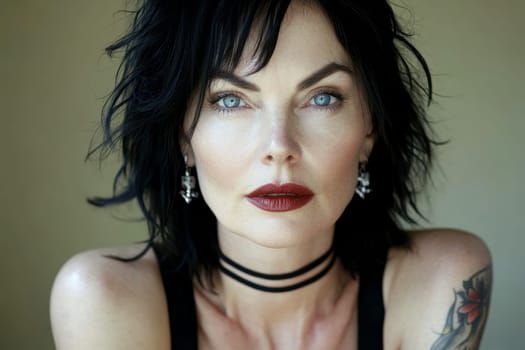 Close-up portrait of a middle-aged woman with black hair, blue eyes and dark red lipstick earrings and necklace. She has tattoos on her arms. AI generative.