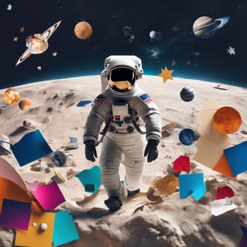Surreal Astronaut in Space-Themed Collage with Colorful Planets and Stars