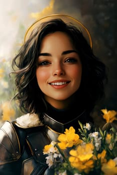 Joan of Arc, set against a dark background adorned with subtle flowers.  AI generative.