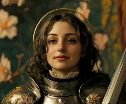 Joan of Arc, set against a dark background adorned with subtle flowers.  AI generative.