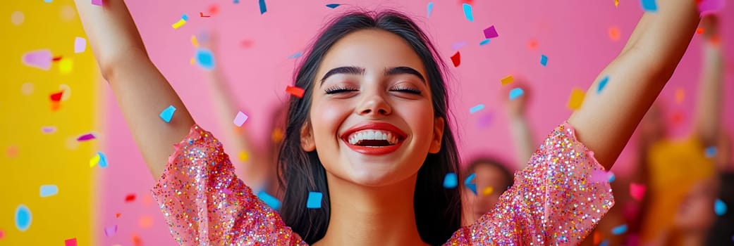 oung woman, celebrating with her arms raised high in the air, surrounded by colorful confetti.  AI generative.