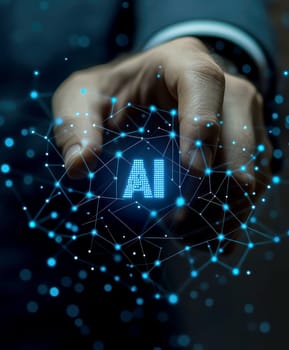 Businessman touches blue AI letters  in cloud. AI generative.