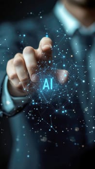 Businessman touches blue AI letters  in cloud. AI generative.